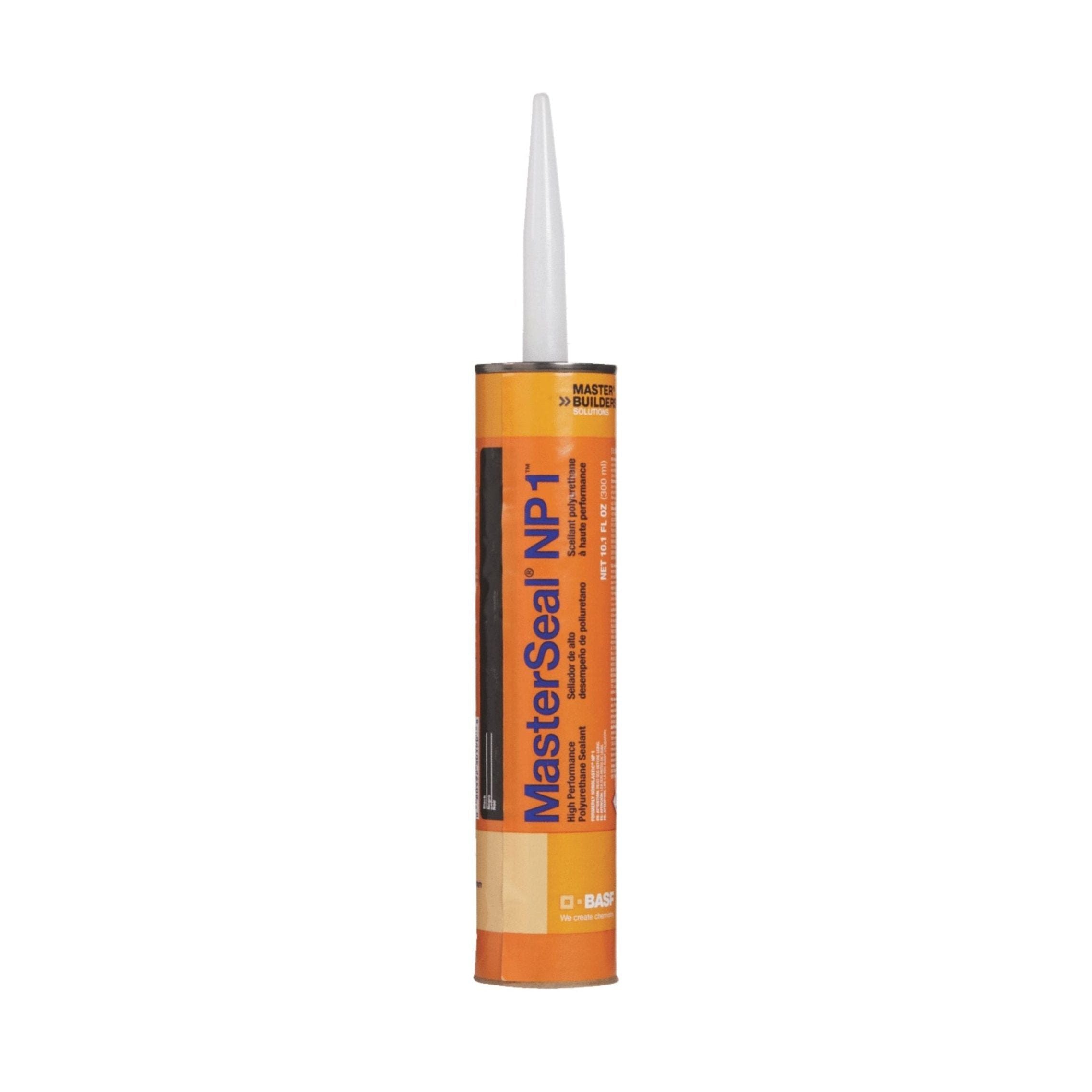 Image of a tube of BASF MasterSeal NP1 Elastomeric Polyurethane Sealant 10.1oz - Black, with an orange label and white nozzle, standing upright on a white background.